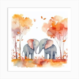 Elephants In Autumn Watercolor Art Print