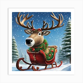 Reindeer In Sleigh Art Print
