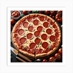Pepperoni Pizza On A Wooden Board Art Print