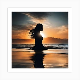 Silhouette Of A Woman At Sunset Art Print