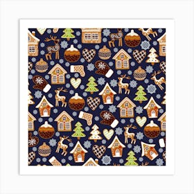 Winter Seamless Patterns With Gingerbread Cookies Holiday Background Art Print