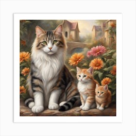 Cat And Kittens Art Print