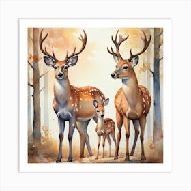 Family Of Deer Watercolor Wildlife Art Print