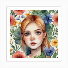 Watercolor Of A Girl With Flowers Art Print