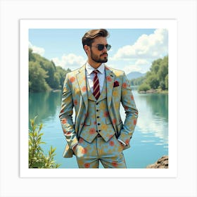 Dapper Man In Watercolor Suit, Tranquil Lakeside View 1 Art Print