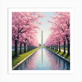 Washington Monument And Cherry Blossoms Póster