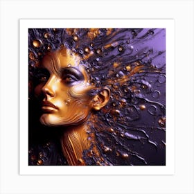 An Abstract Face Portrait Of A Woman - An Embossed Artwork In Deep Purple, and Orange. Art Print