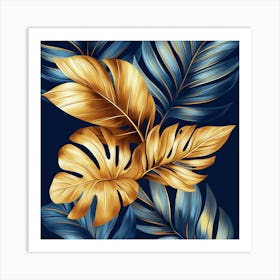 Gold Leaves On Blue Background Art Print