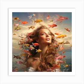 Beautiful Woman With Fishes Art Print