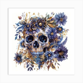 Blue Skull With Flowers Canvas Print Art Print