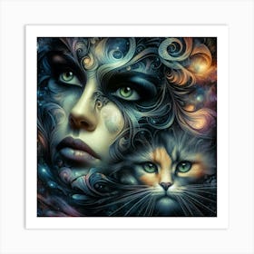 Cat And Woman In Space 1 Art Print