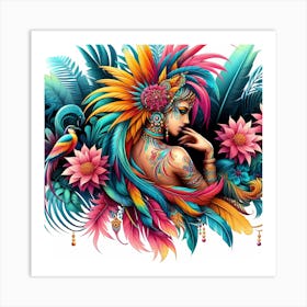 Mexican Girl With Feathers Art Print