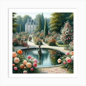 Roses In The Garden With The Fountain, Acrylic Style Painting Art Print