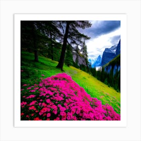 Pink Flowers In The Mountains Art Print