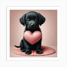 Cute Black Labrador Puppy Holding Heart Art Print