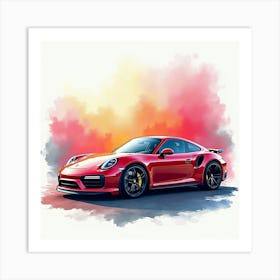 Porsche 911 Turbo S Against A Colorful Watercolor Background, No Signature Or Logo 1 Art Print