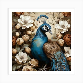 Floral Blue Brown Peacock Art Print 2 Art Print