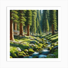 Stream In The Woods, Acrylic Painting Style Art Print