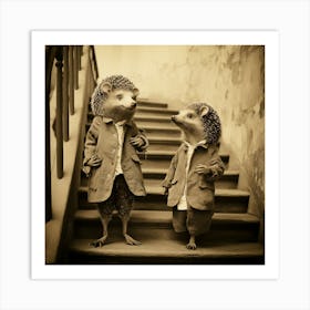 Two Hedgehogs On The Stairs - Friends - Cute - Vintage Art Print