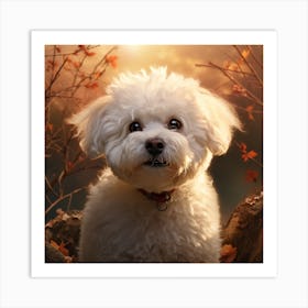 Photo Of A White Dog In Autumn Art Print