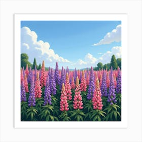 A Picturesque Scene Of A Field Of Pink And Purple Lupines Under A Blue Sky 1 Art Print