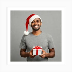 Happy African American Man With Christmas Gift Art Print
