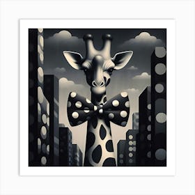 A Towering Giraffe With A Polka Dot Bow Tie, Inspired By The Quirky Illustrations Of Maira Kalman, With A Playful Polka Dot Pattern, Where The Giraffe Is In Focus And The Background Is Blurred Into Abstract Shapes (1) Art Print