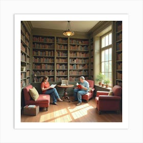 A Cozy English Library Corner With Readers Immersed In Their Books, Watercolor 1 Art Print