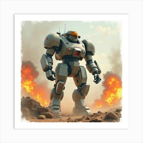 Mech Pilot Standing In A Sci Fi Battlefield With Explosions, Watercolor 1 1 Art Print