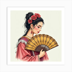 Spanish Woman With A Traditional Fan, Watercolor With Intricate Patterns 1 Art Print