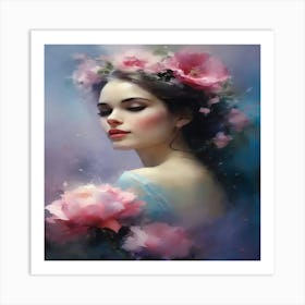 Portrait Of A Woman With Flowers Art Print