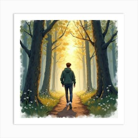 Watercolor Of Justin Bieber Walking Through A Misty Forest Path At Dawn Art Print