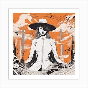 A Silhouette Of A Man Wearing A Black Hat And Laying On Her Back On A Orange Screen, In The Style Of (5) Art Print