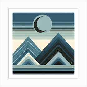 "Crescent Moon over Monochromatic Mountains"  This graphic illustration features monochromatic mountains under a crescent moon, composed in a striking array of blues and greys, accented with clean horizontal lines. It's an artistic expression that combines the tranquil majesty of mountainous landscapes with the mystery of a night sky, ideal for modern decor enthusiasts seeking a blend of serenity and sophistication in their space. Art Print