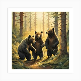 Morning In Forest 3 Small Bears Art Print