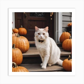 Cat In Front Of Pumpkins Art Print