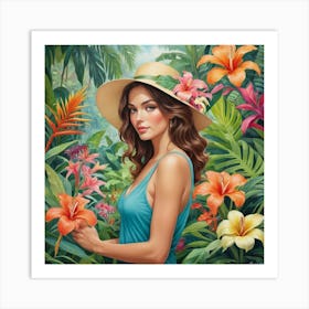 Woman In Tropical Flower Garden Art Print 2 Art Print