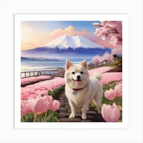 Pomeranian Dog In Tulips Art Print