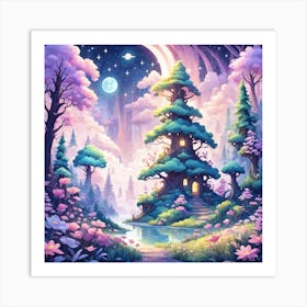 A Fantasy Forest With Twinkling Stars In Pastel Tone Square Composition 441 Art Print