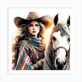 Mexican Beauty Wear Poncho And Hat By A White Horse Creative Color Painting Art Print