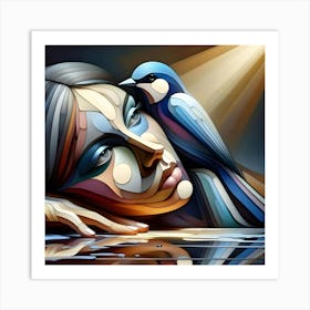 Abstract Portrait of a Woman with a Bird in Vibrant Colors Art Print