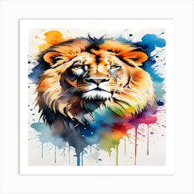 Lion Painted In Watercolor Splatters Art Print