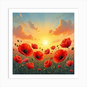 Vibrant Watercolor Poppies Against A Sunset Sky 1 Art Print