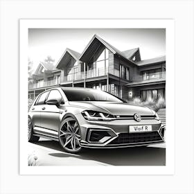 A Pencil Drawing Of A Vw Golf 8 R In Front Of A Beautiful Modern Mansion 2 Affiche