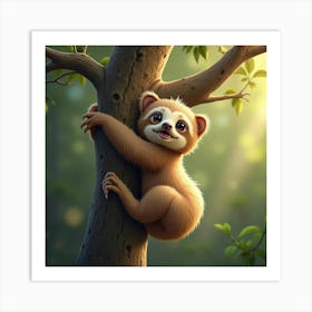 A Playful Baby Sloth Hanging From A Tree 1 Art Print