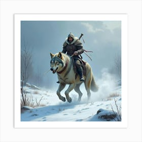 Warrior Riding A Giant Wolf Through A Snowy Battlefield 1 Art Print