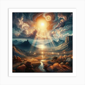 Sun Rising Over A Valley Art Print
