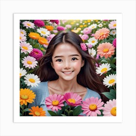 Asian Girl In A Flower Field Art Print