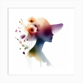 Silhouette Of A Woman With Flowers Art Print