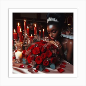 Beautiful Black Woman With Red Roses Art Print